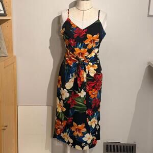 Lush Hawaiian Maxi Dress Floral Pattern Spaghetti Strap Wrap Tie Front Women's S